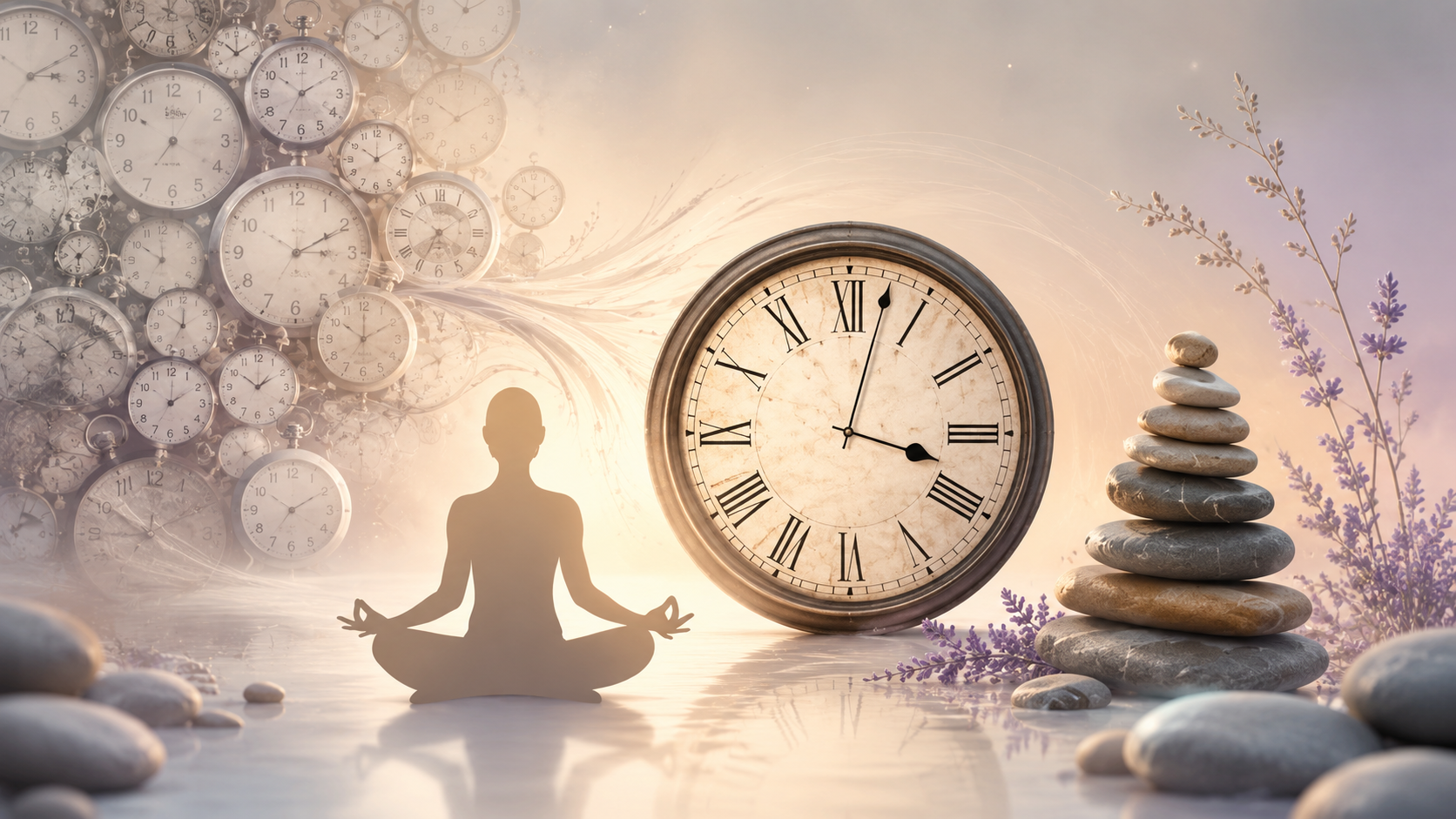 Silhouette en méditation entourée d'horloges, symbole de la maîtrise du temps et de la régulation du stress